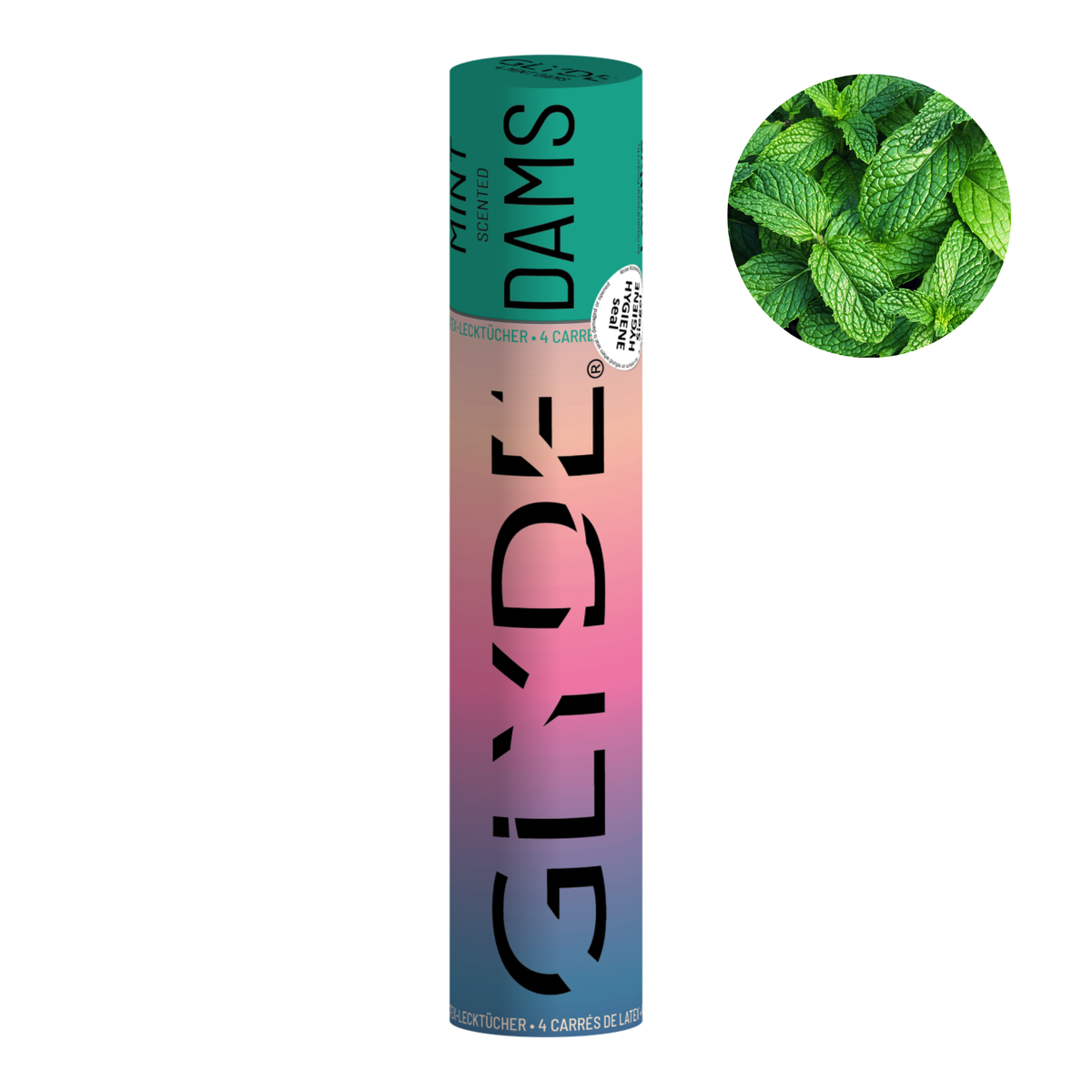 GLYDÉ Mint Scented Dental Dams in a colorful cylindrical package, with an inset circular image of fresh mint leaves, indicating flavor. Imagen principal del producto