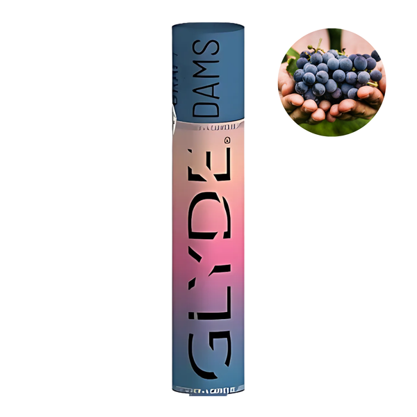 Box with 'GLYDE' branding grape flavour dams  and a close-up of grapes in the corner.