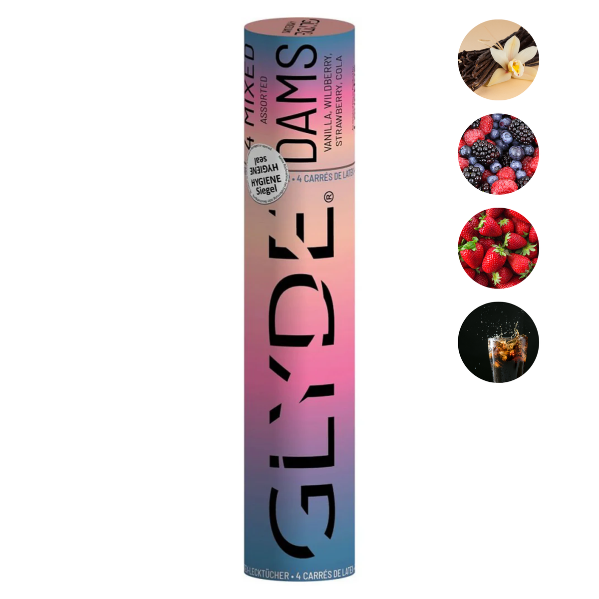 Gradient tube packaging with 'GLYDE' branding and images of mixed berries, cola and vanilla on a white background Imagen principal del producto