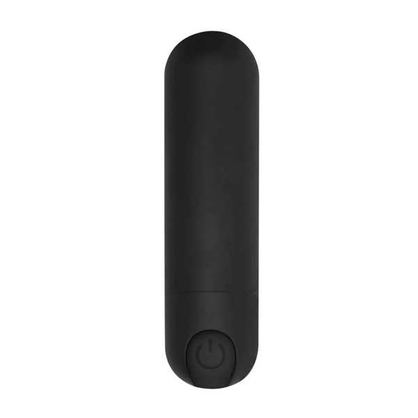 Top-down view of the black rechargeable bullet vibrator showing the power button/charging point.