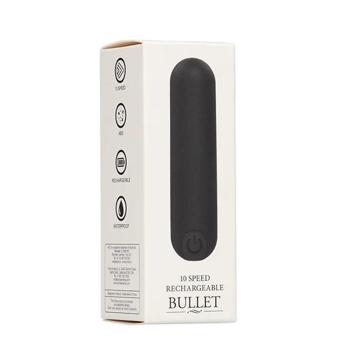 Packaging for a Black Shots 10 Speed Rechargeable Bullet vibrator, highlighting features like ABS material, rechargeable battery, and waterproof design. Imagen principal del producto