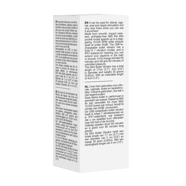 Back of the vibrator packaging with product description in English, Dutch, French, and German, noting its material, 10,000 RPM motor, and IPX7 waterproof rating.