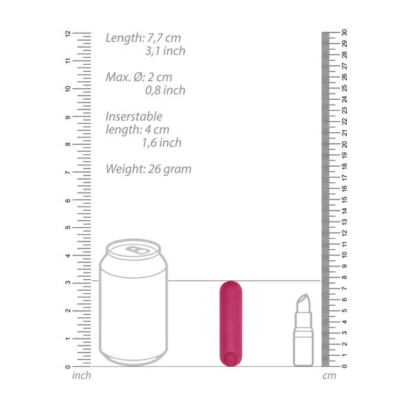 Size chart for the pink bullet vibrator, showing it's 7.7cm long (3.1 in), 2cm diameter (0.8 in), and 26 grams in weight, displayed next to a soda can and a lipstick.