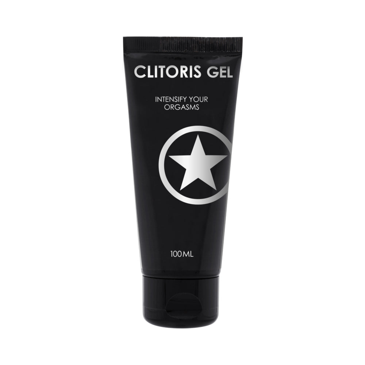 Front product view of a 100 ml (3.38 fl oz) matte black squeeze tube of Shots Clitoris Gel featuring white text stating "Intensify Your Orgasms" and a large silver star emblem at the center. Imagen principal del producto