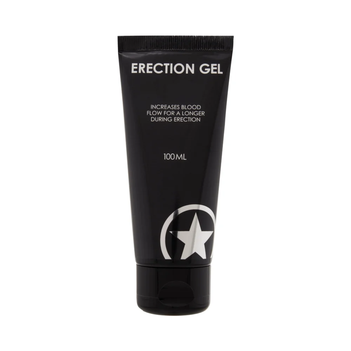 Front studio view of a 100 ml (3.38 fl oz) matte black squeeze tube of Shots Erection Gel featuring white text stating "Increases blood flow for a longer during erection" and a silver star logo near the base Imagen principal del producto