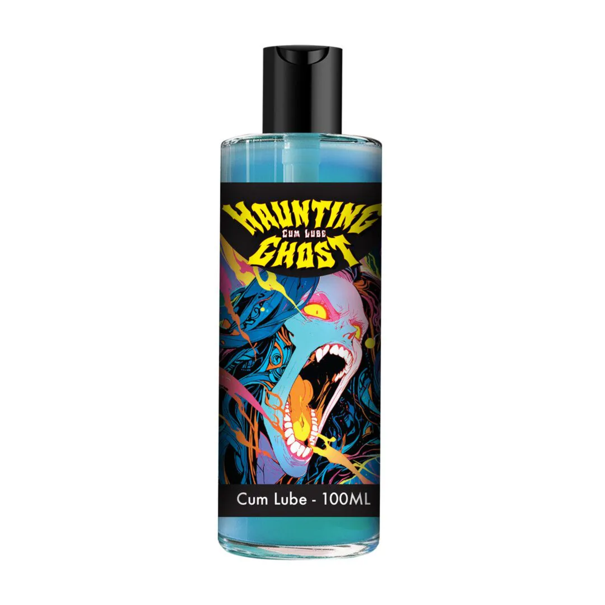 Front studio shot of the clear bottle filled with blue-tinted lubricant, featuring a vibrant, colorful illustration of a screaming female phantom face beneath yellow logo text reading "Haunting Ghost Cum Lube". Imagen principal del producto