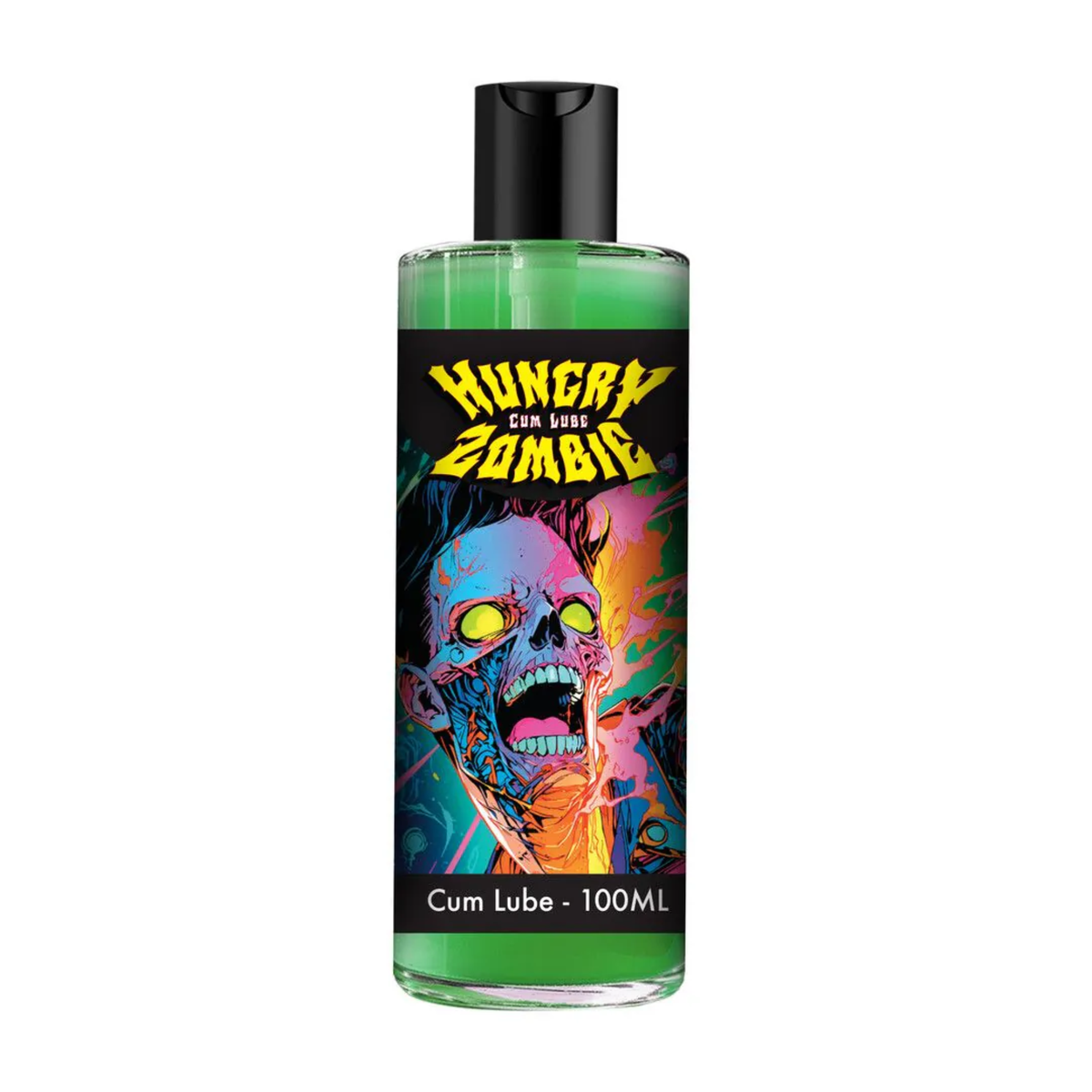 Front studio shot of the clear bottle filled with green lubricant, featuring a vibrant, pop-art style zombie illustration beneath the yellow and black "Hungry Zombie Cum Lube" logo. Imagen principal del producto