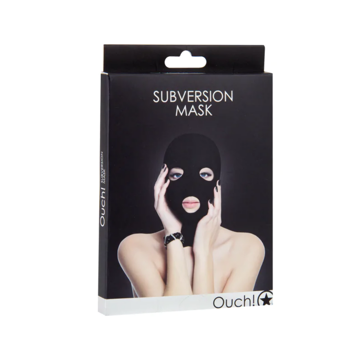 Front of the black "Shots Ouch! Subversion Mask" product packaging, featuring a photo of a person wearing the mask. Imagen principal del producto