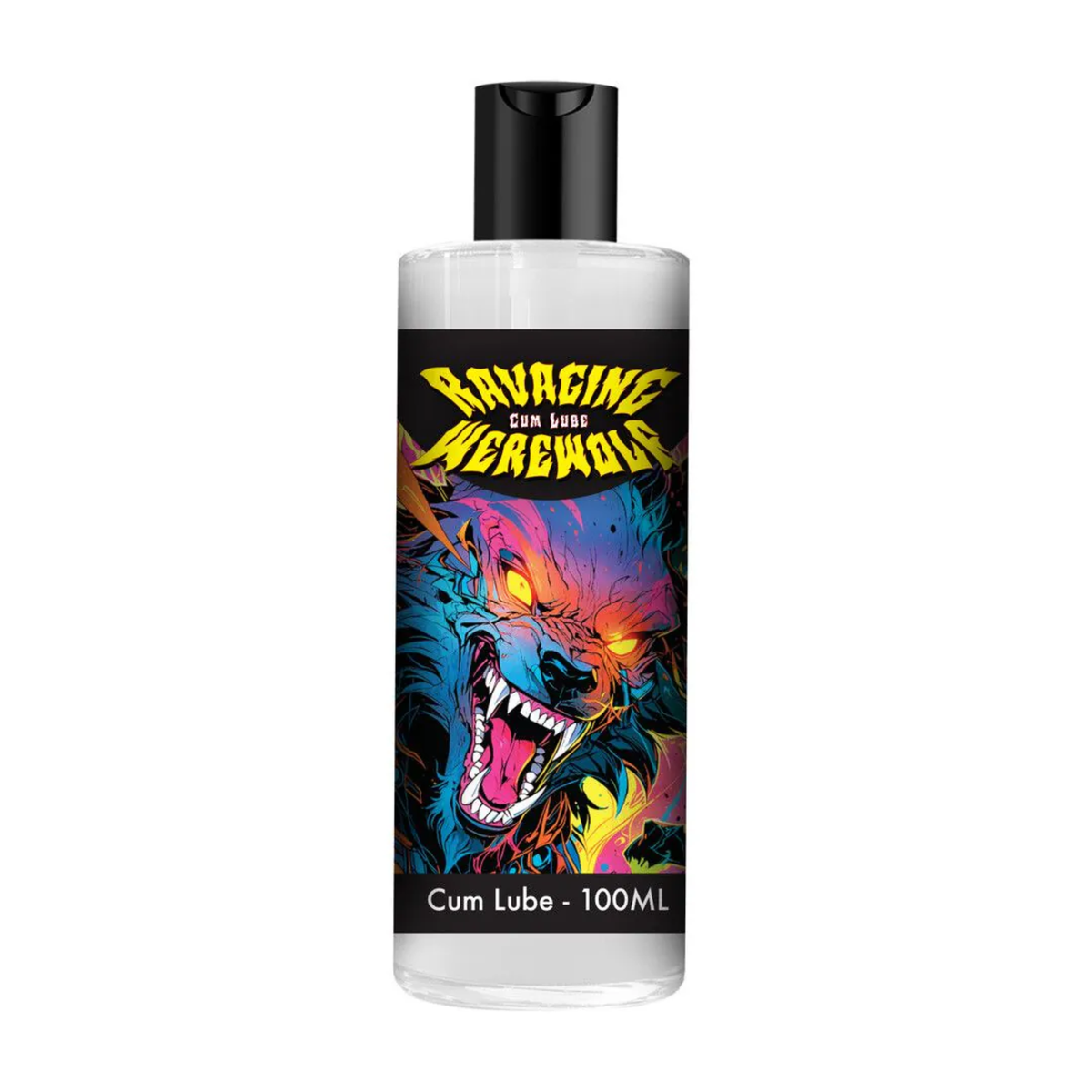 Front studio shot of the clear bottle filled with milky-white lubricant, featuring a vibrant, colorful illustration of a snarling werewolf beneath yellow logo text reading "Ravaging Werewolf Cum Lube". Imagen principal del producto