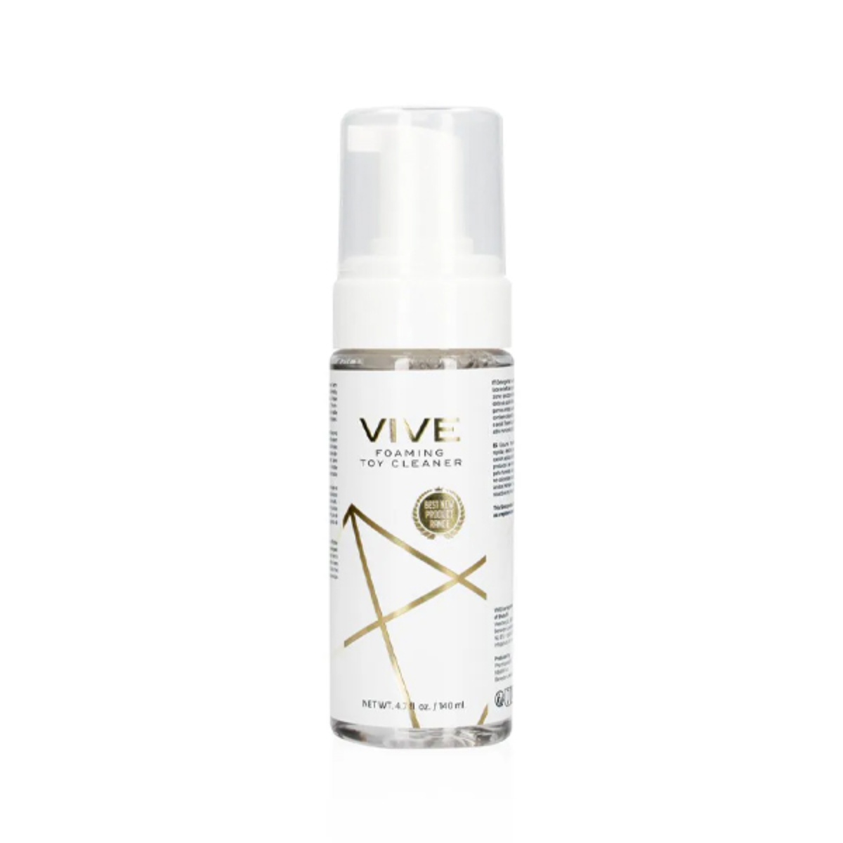 Direct studio view of the 140 ml (4.7 fl oz) clear bottle of Shots Vive Foaming Toy Cleaner featuring geometric gold geometric accent design and white foam pump top. Imagen principal del producto