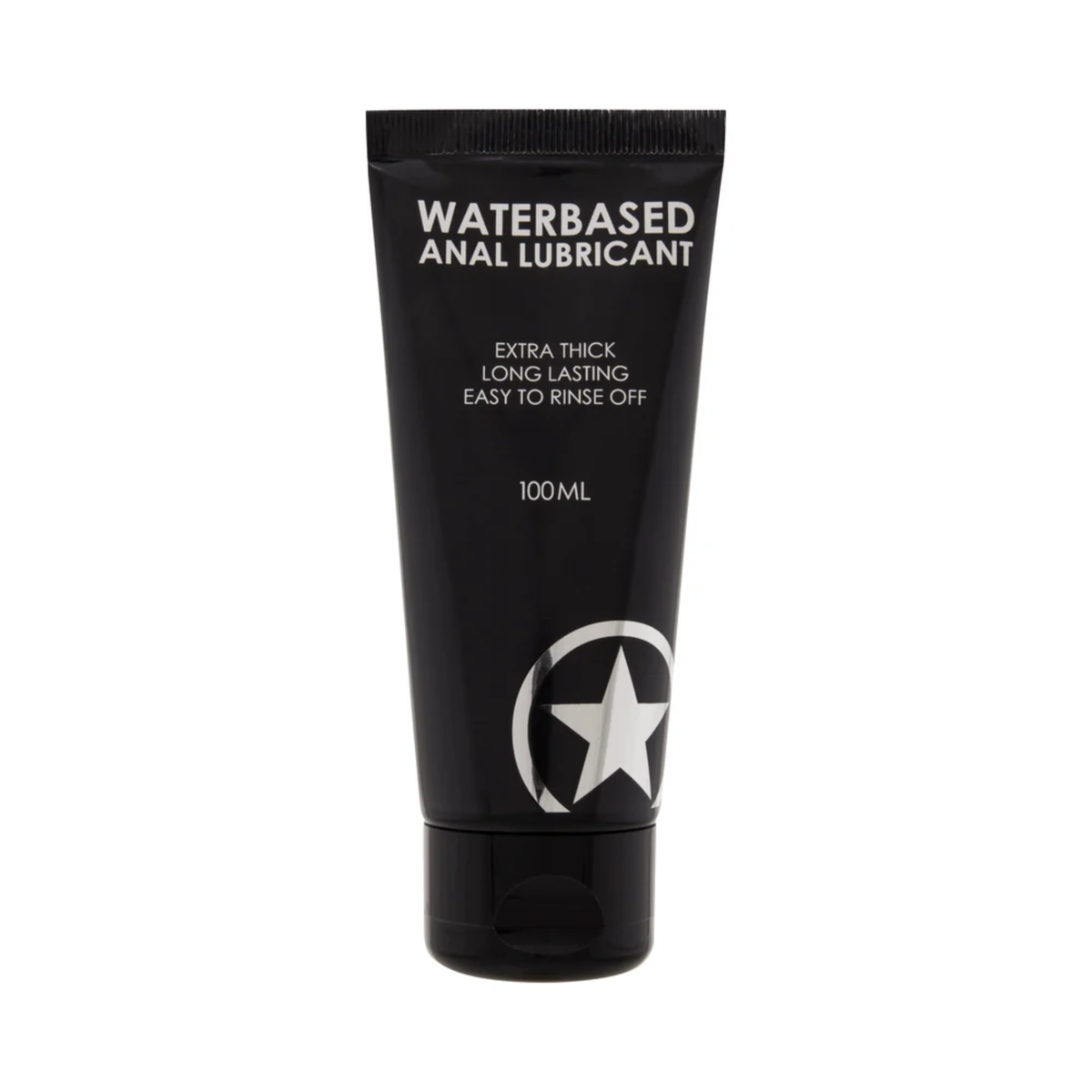 Front product view of a 100 ml (3 fl oz) matte black squeeze tube of Shots Water-Based Anal Lubricant featuring white text highlights and a silver star logo near the base. Imagen principal del producto