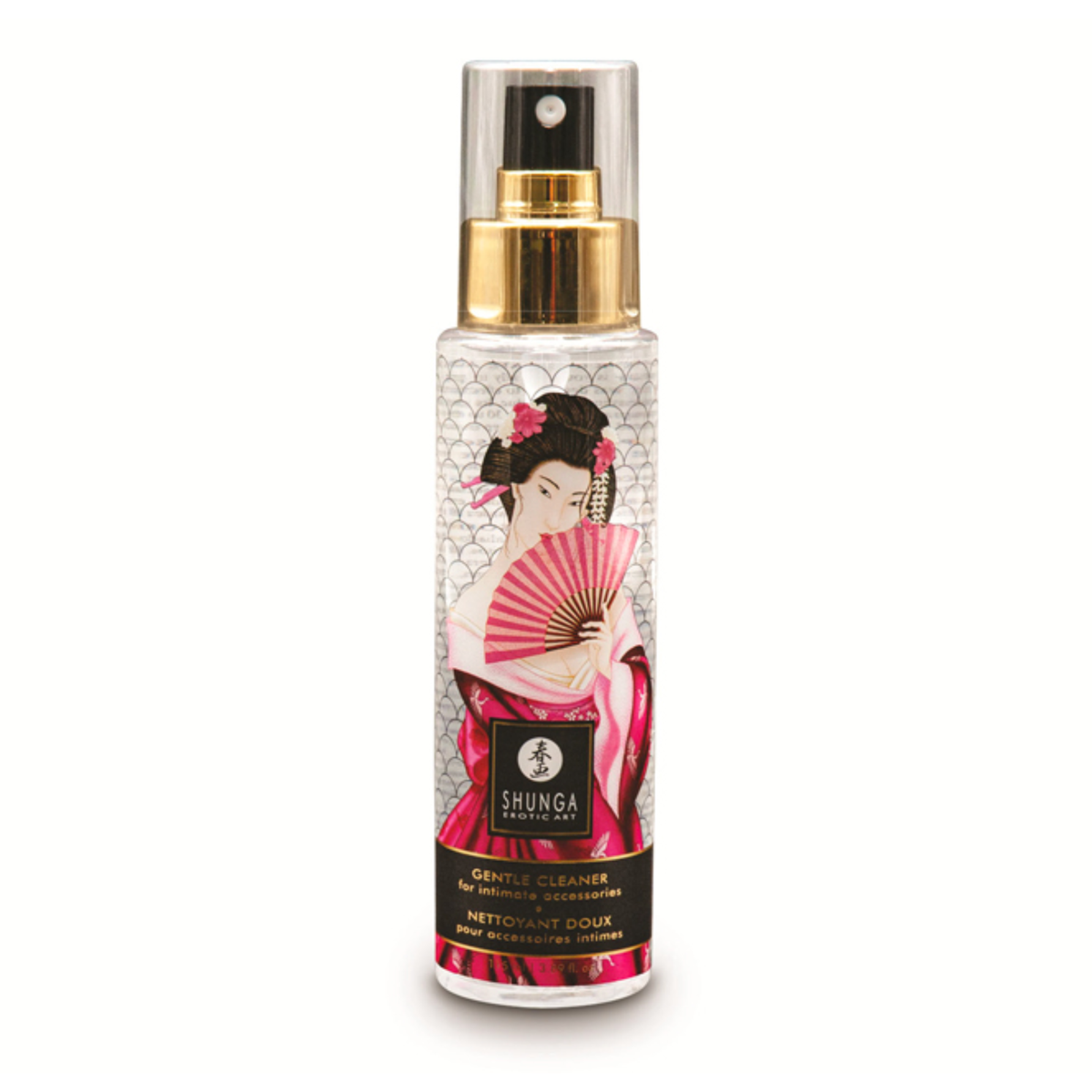 Front studio view of the 115 ml (3.89 fl oz) clear spray bottle of Shunga Gentle Toy Cleaner, decorated with traditional Japanese artwork, gold metallic spray neck, and a clear protective cap.