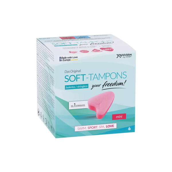 JoyDivision mini-sized stringless Soft-Tampons. The box features an image of the pink, heart-shaped tampon.
