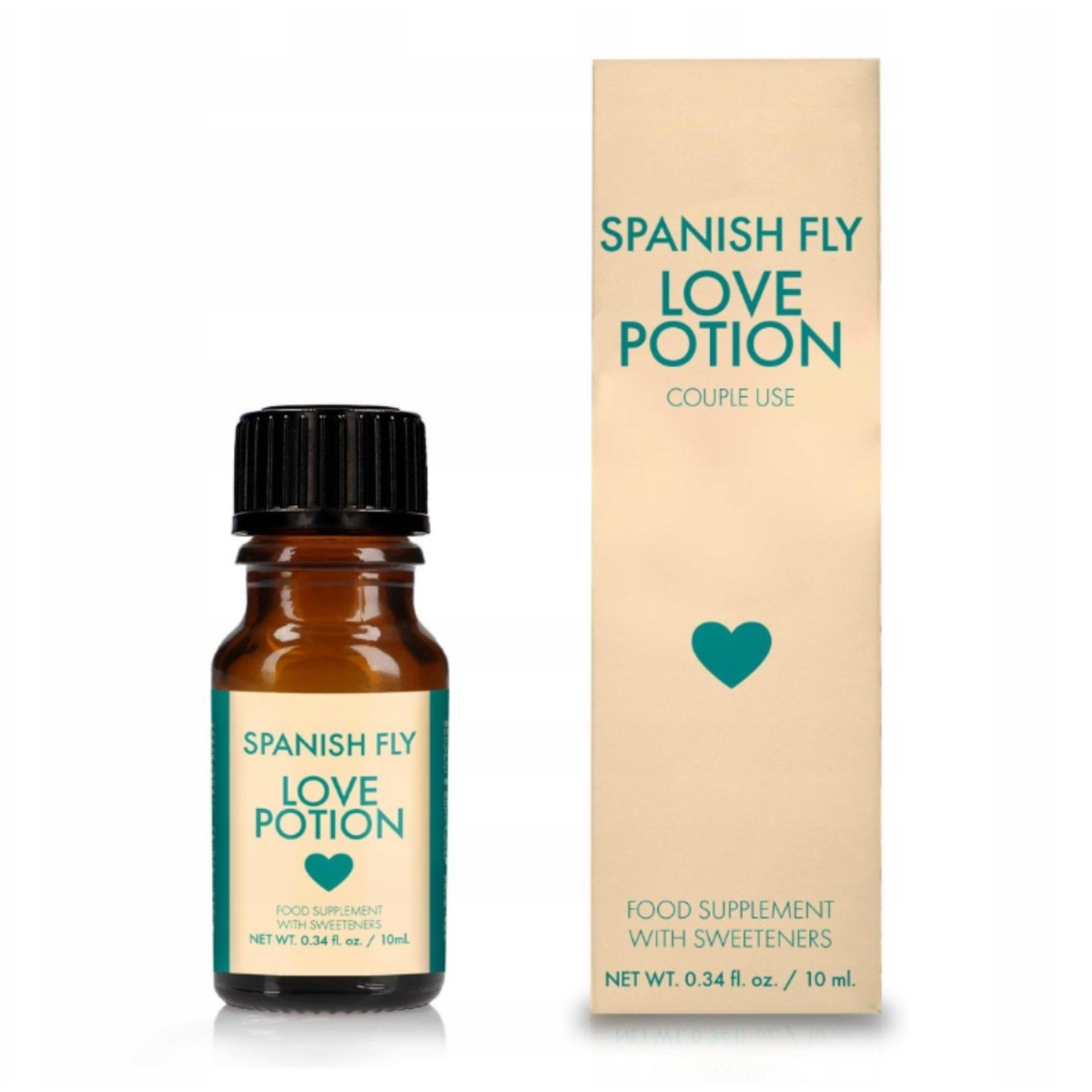 A small, brown dropper bottle of "Spanish Fly Love Potion" stands next to its retail box. The bottle label and box share a teal and beige design with a heart icon. The package indicates it is a "FOOD SUPPLEMENT WITH SWEETENERS," 0.34 fl. oz./10 mL. Imagen principal del producto