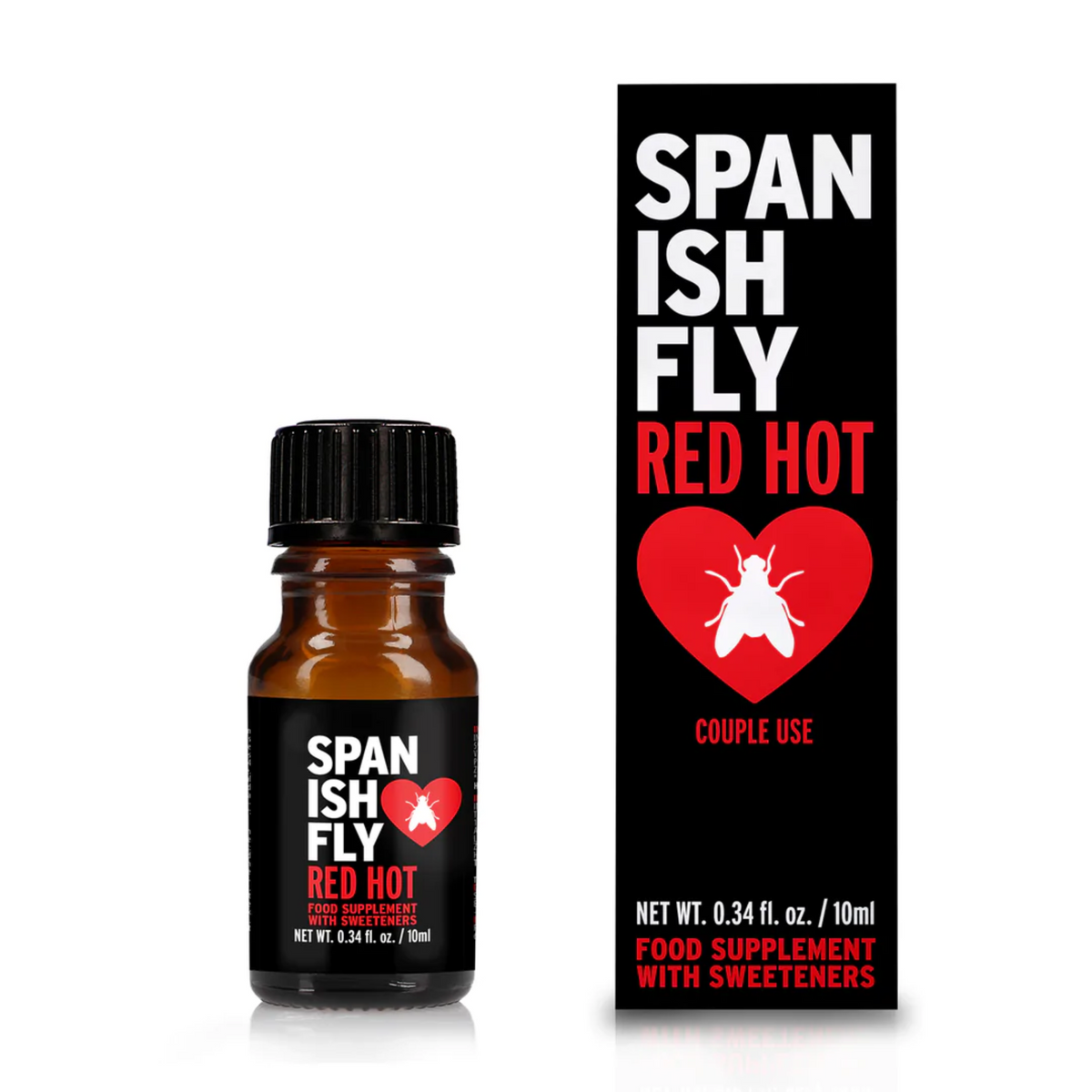 A small, dark brown dropper bottle of Spanish Fly Red Hot stands next to its black and red retail box. Both the bottle label and the box feature a red heart with a white fly graphic inside. The packaging identifies the product as a "FOOD SUPPLEMENT WITH SWEETENERS" and specifies the contents as 0.34 fl. oz./10 mL. Imagen principal del producto