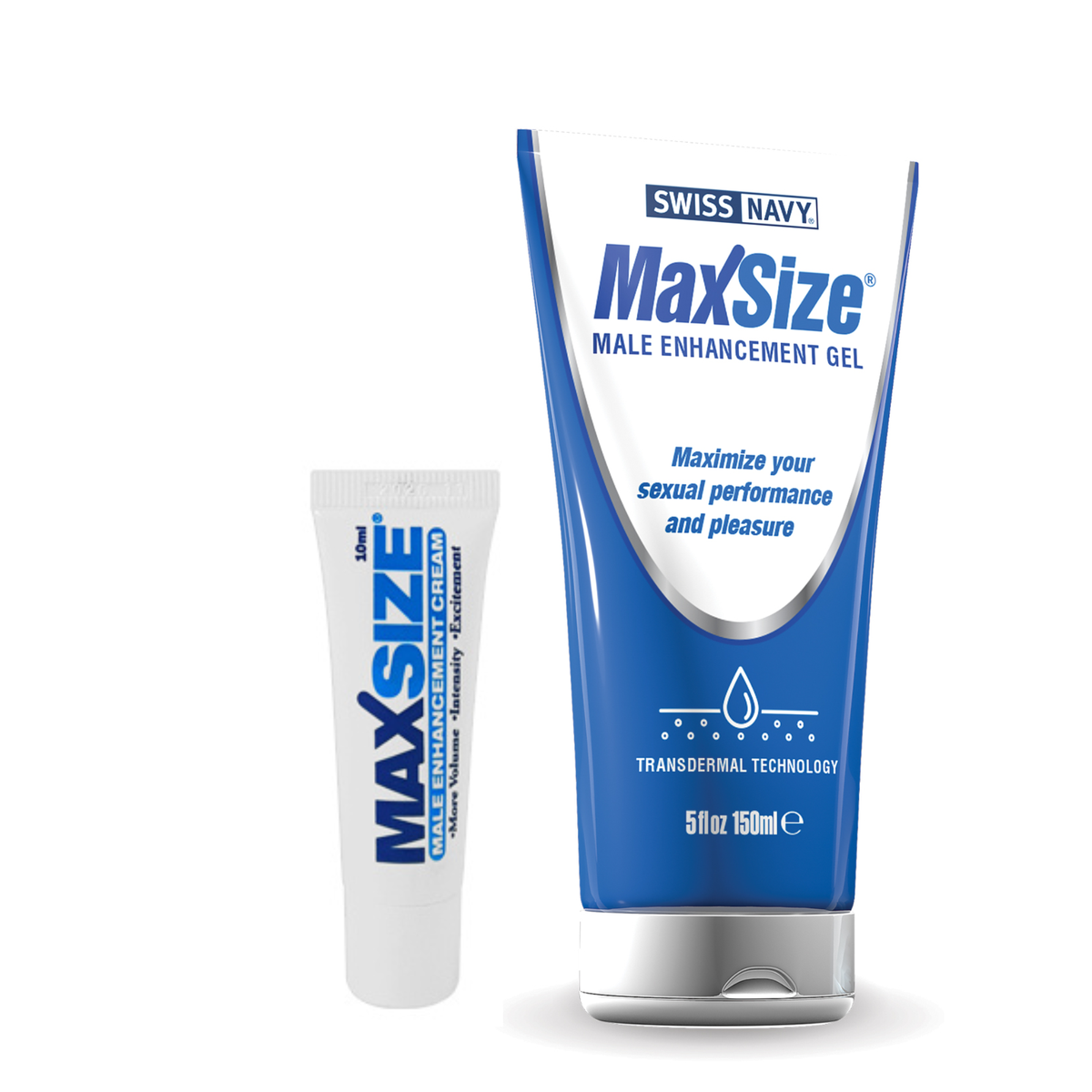 A side-by-side product shot of Swiss Navy MaxSize male enhancement products against a plain white background. On the left is a small, 10ml travel-sized white squeeze tube. On the right is a larger, 150ml (5 fl. oz.) white and blue stand-up tube with a metallic silver flip-top cap. Imagen principal del producto