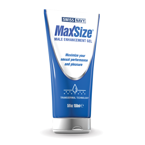 Front view of the 150ml (5 fl. oz.) Swiss Navy MaxSize Male Enhancement Gel tube. The tube is white on top and solid blue on the bottom half, separated by a curved silver line. It features the "SWISS NAVY" logo, bold blue "MaxSize" branding, the tagline "Maximize your sexual performance and pleasure," a droplet icon representing "Transdermal Technology," and a silver metallic cap at the base.