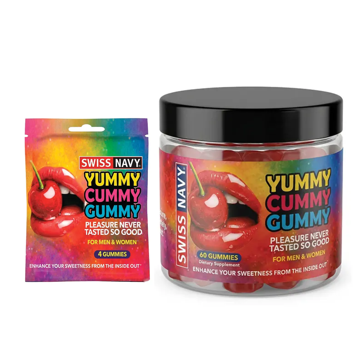 Studio composition showing both retail formats side-by-side: the 4-count sample pouch and the 60-count supplement jar. Imagen principal del producto