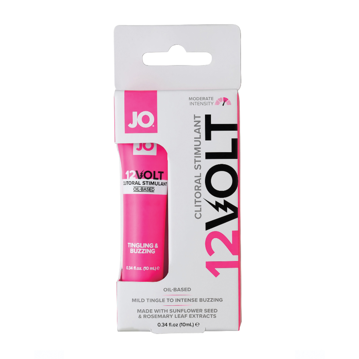 Studio product shot of the System JO 12VOLT Clitoral Stimulant box on a plain white background. The white box features bold pink lettering, a small intensity gauge meter, and a cutout displaying the pink tube inside. Imagen principal del producto