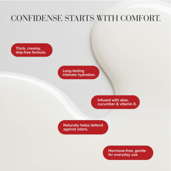 A smooth, creamy white background mimicking the texture of the lotion with the heading "CONFIDENCE STARTS WITH COMFORT." Red text bubbles highlight key features: "Thick, creamy, drip-free formula," "Long-lasting intimate hydration," "Infused with aloe, cucumber & vitamin E," "Naturally helps defend against odors," and "Hormone-free, gentle for everyday use."