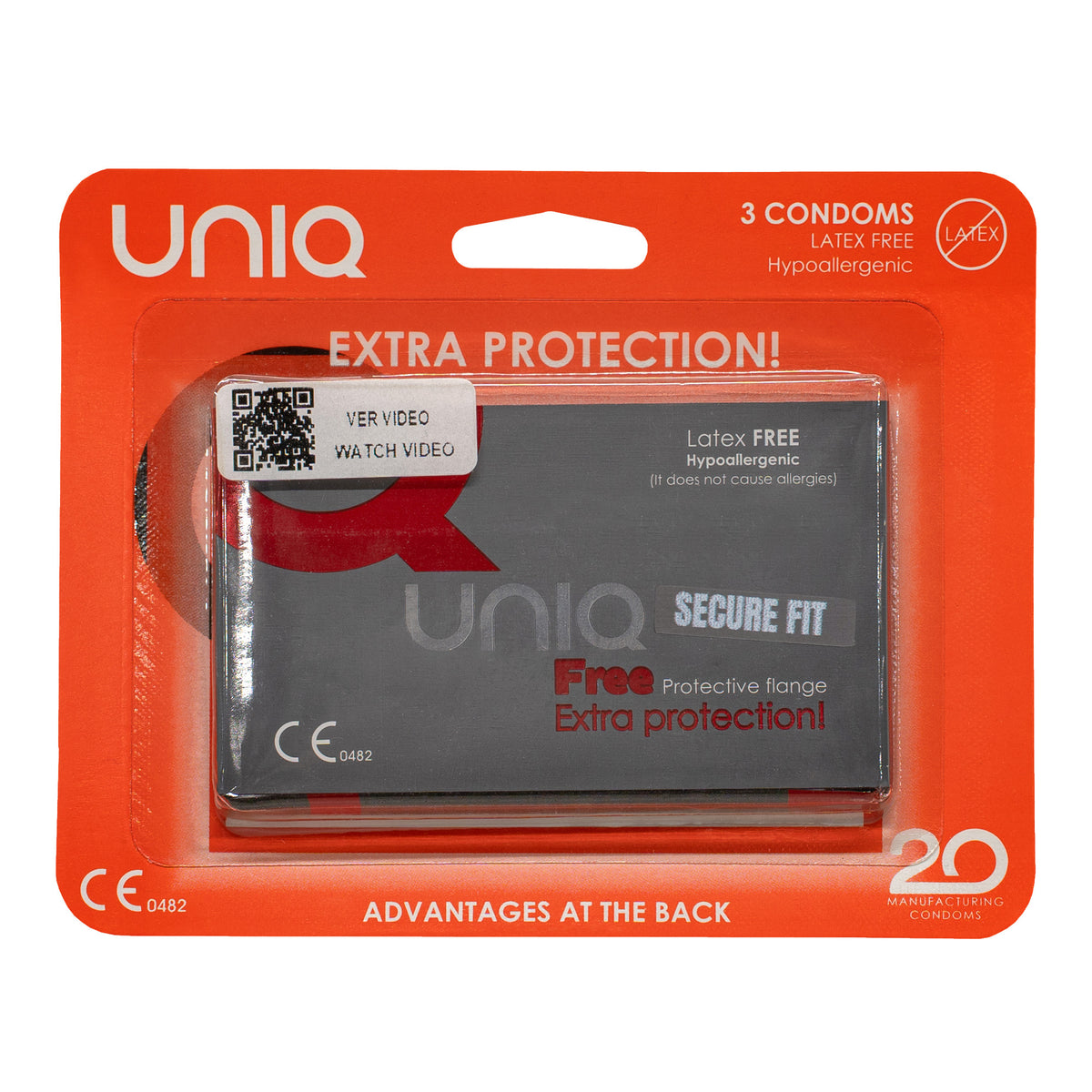 A product shot of a three-pack of UNIQ Free Secure Fit condoms. The packaging is red-orange and white, and features the text "Extra protection!" "Latex FREE Hypoallergenic," and "3 CONDOMS."  Imagen principal del producto