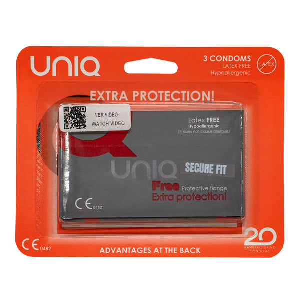 A product shot of a three-pack of UNIQ Free Secure Fit condoms. The packaging is red-orange and white, and features the text "Extra protection!" "Latex FREE Hypoallergenic," and "3 CONDOMS." 