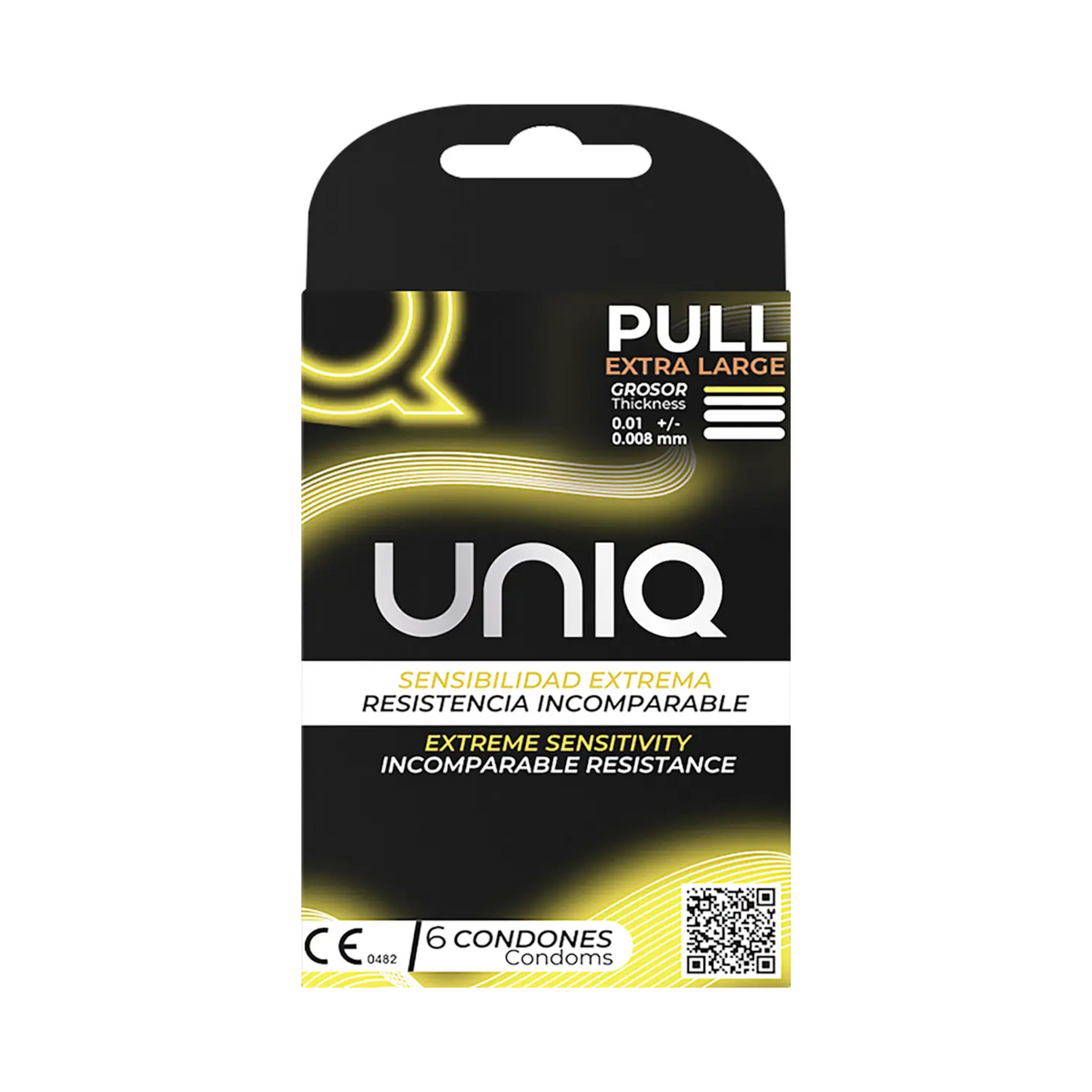 An image of a black box of Uniq Pull Extra Large condoms. The box has a golden, wavy, abstract design on the front. The top of the box is labeled "PULL Extra Large". The box includes 6 condoms.  Imagen principal del producto