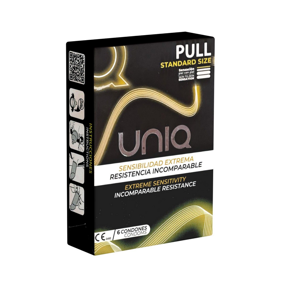 An image of a black box of Uniq Pull condoms. The box has a golden, wavy, abstract design on the front. The top of the box is labeled "PULL STANDARD SIZE". The box includes 6 condoms.  Imagen principal del producto