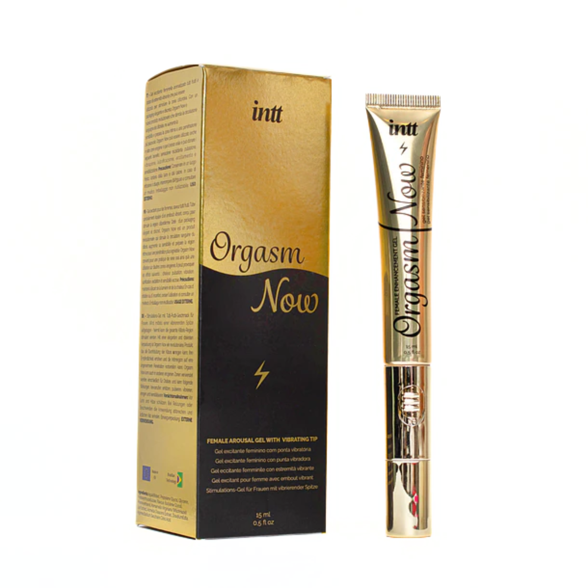 Intt Orgasm Now female arousal gel in a 0.5 fl oz (15 ml) gold tube with a vibrating tip, standing vertically next to its black and gold retail packaging box on a plain white background. Imagen principal del producto