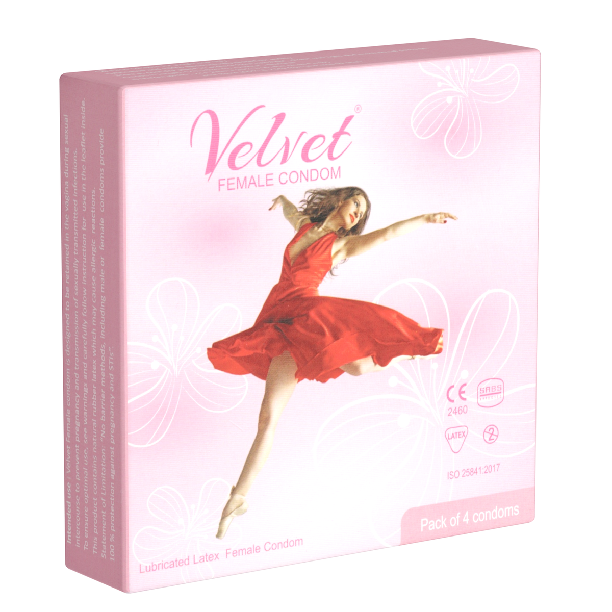 Studio product shot of a light pink Velvet Female Condom 4-pack box standing upright at a three-quarter angle, featuring an image of a dancer in a red dress alongside white floral outlines and product specifications. Imagen principal del producto