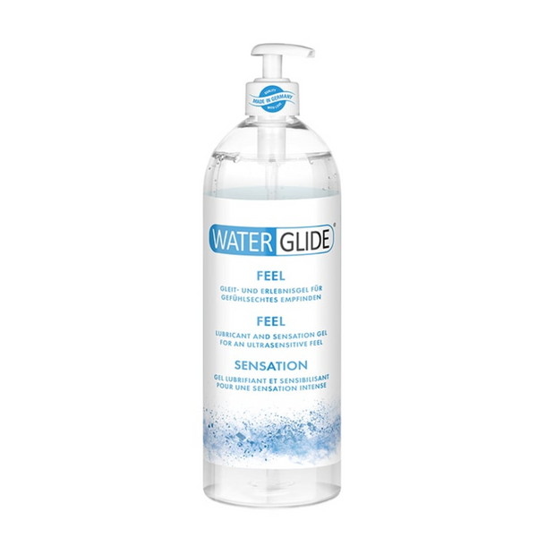 An image of a single bottle of Water Glide Feel gel 1000ml, with a white background. The bottle is clear, and full of a transparent gel.