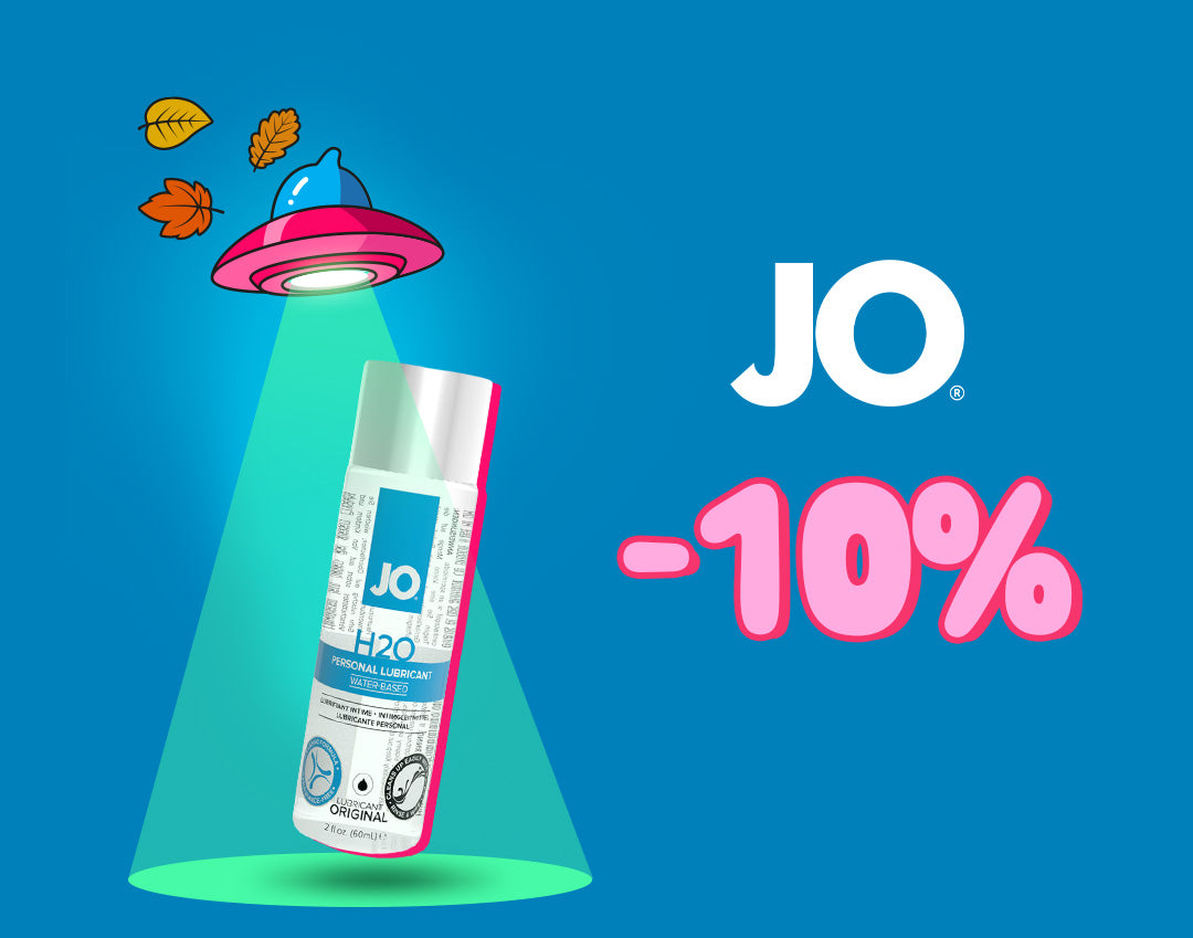 A JO HPRO tire care spray can is shown on a bright blue background with a cartoon UFO shining a light on it, plus large pink text reading -10% and the JO logo.