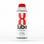 A vertical shot of a clear plastic bottle of X Lube powder lubricant in the white background. The bottle has a red cap and is primarily white with red and black text. The large red "X" and black "lube" logo is prominent in the center. Smaller text below the logo reads "Xlube.com" and "MAKES 20+ LITRES / CONCENTRATED POWDER".