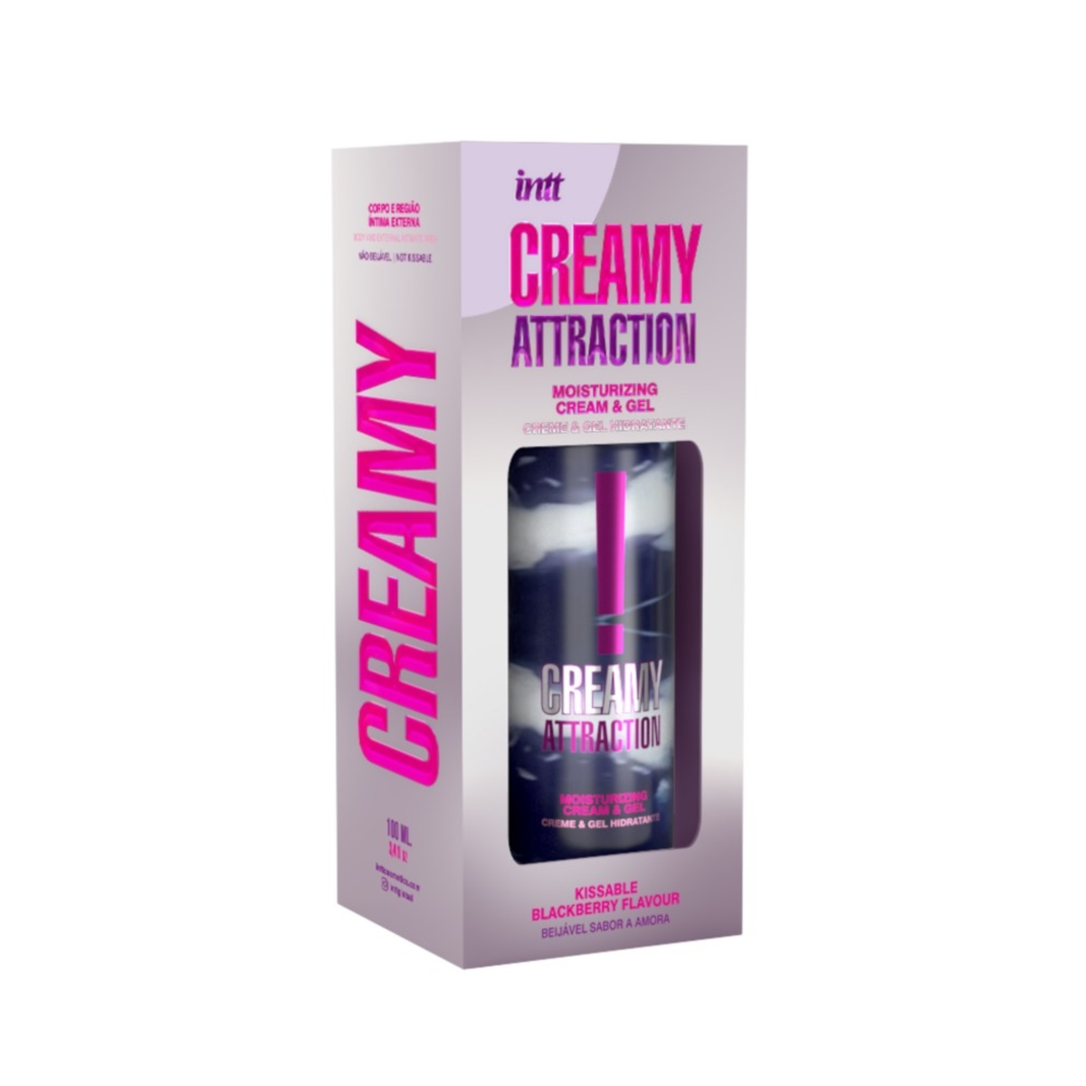 intt Creamy Attraction Cream Blackberry with a view of the bottle inside the box. Imagen principal del producto