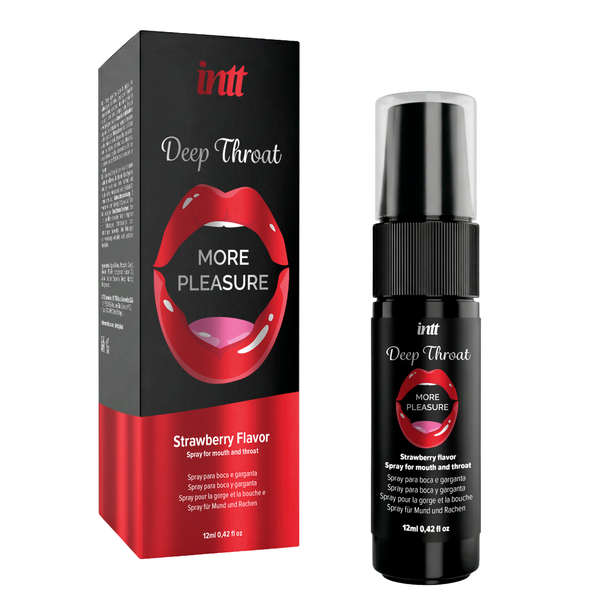 A clean, product-focused shot of the black and red intt Deep Throat Strawberry Oral Spray packaging box alongside the 12 ml black spray bottle, presented on a plain white background. Imagen principal del producto