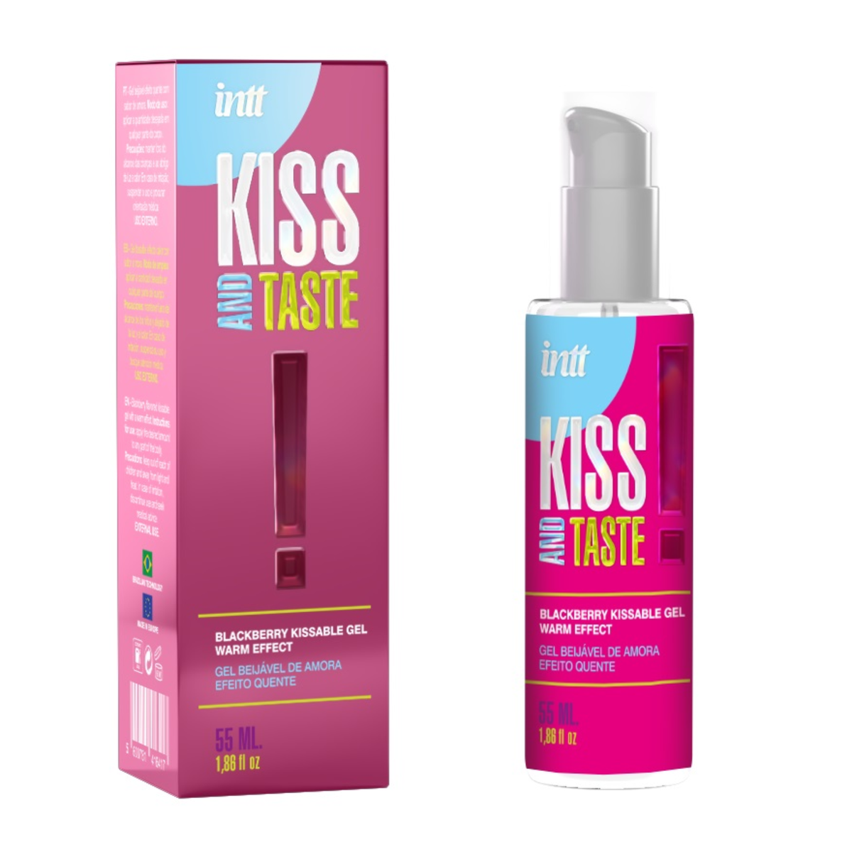 intt Kiss and Taste Blackberry Gel Warming box and product bottle, showing the "Kiss and Taste" logo. Imagen principal del producto