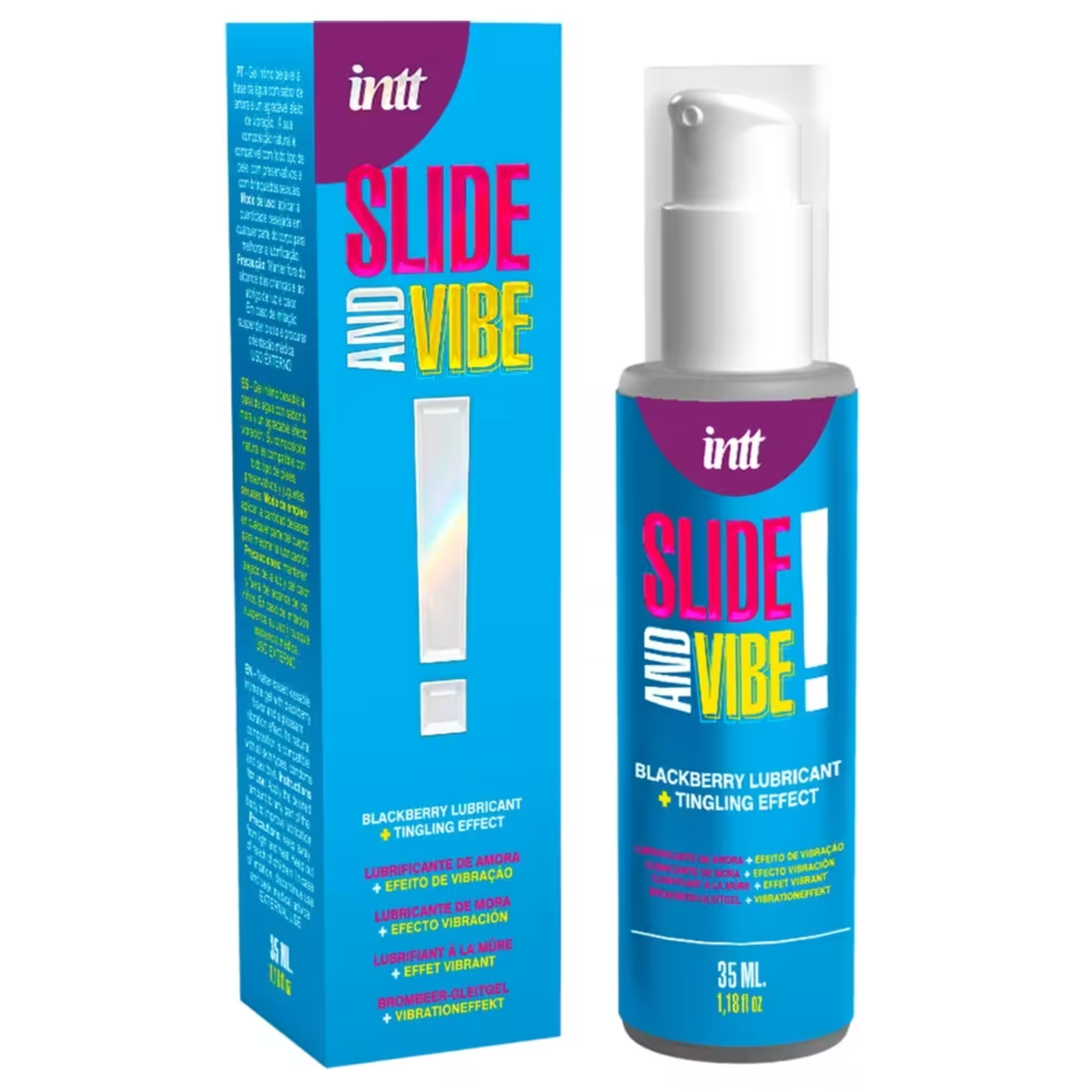 Image showing both the blue Intt Slide and Vibe Blackberry Tingling product box and the matching pump bottle (35 ML / 1.18 fl.oz). Imagen principal del producto