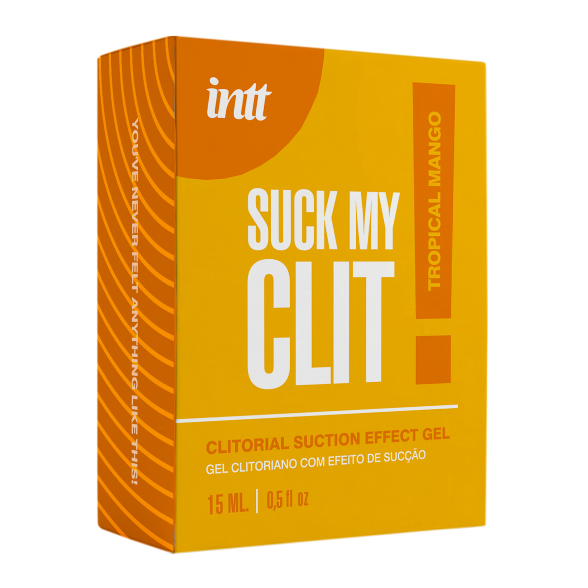 A close-up shot of an orange and yellow product box for "Intt Suck My Clit" clitorial suction effect gel. The box features bold white lettering and indicates a "Tropical Mango" flavor and a volume of 15 ml.