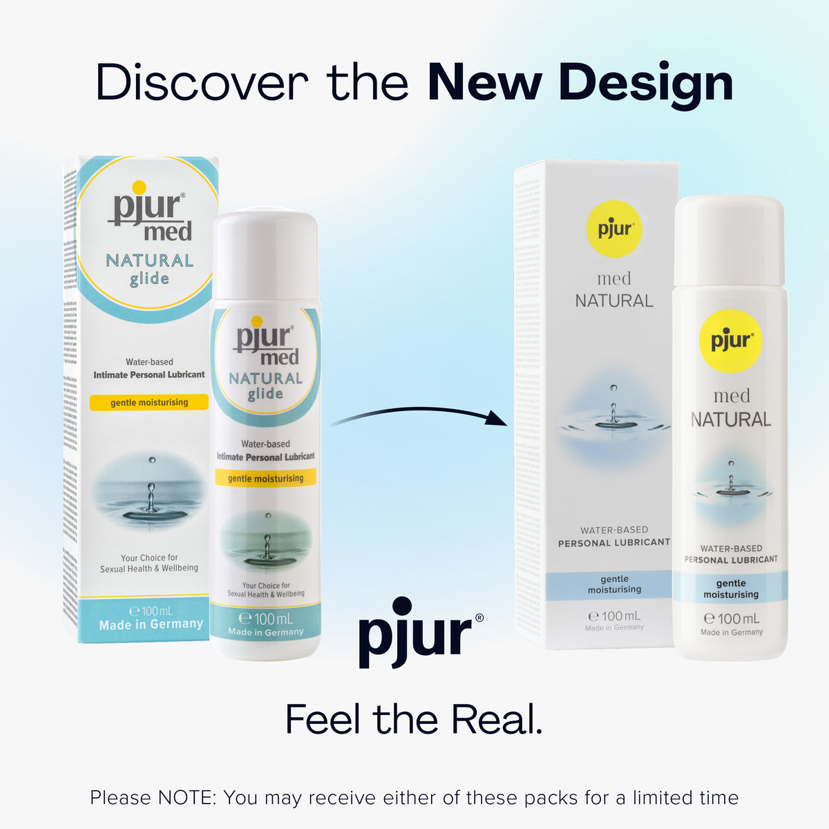 Two sets of pjur med NATURAL glide lubricant packaging are displayed side-by-side, showcasing a design evolution.