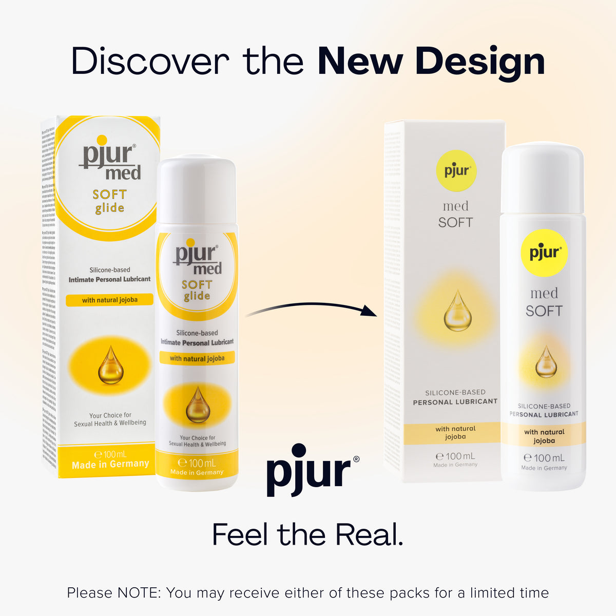 Two packaging designs for pjur med SOFT glide, showing the old and new versions.