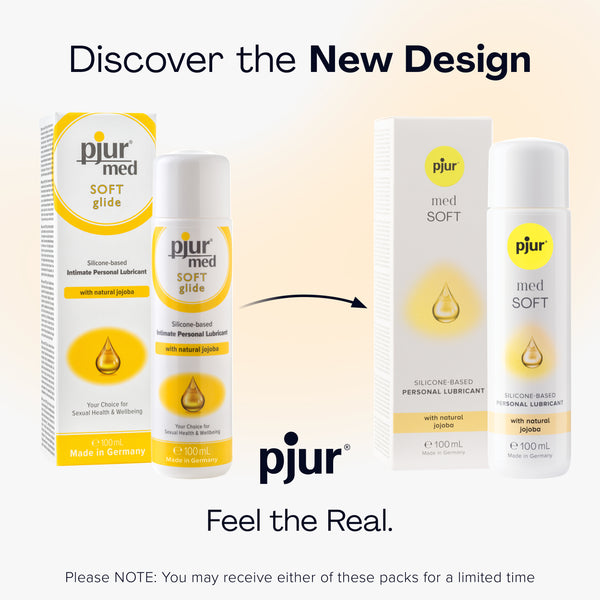 Two packaging designs for pjur med SOFT glide, showing the old and new versions.