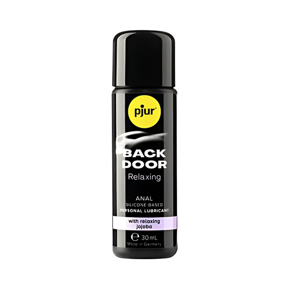 A single black bottle of Pjur Back Door 30ml personal lubricant is centered against a white background. The bottle has a yellow circular "pjur" logo at the top Imagen principal del producto