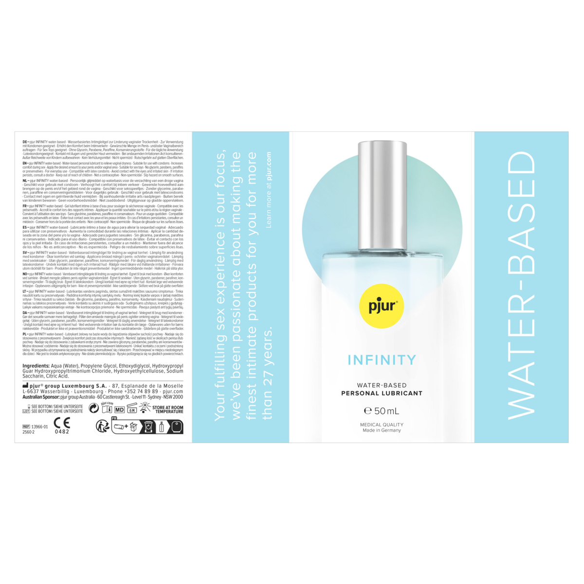 A product shot of pjur Infinity Water-Based Personal Lubricant, 50ml. The image is split, showing the transparent bottle with a silver cap on the right, and on the left, an informational block in multiple languages.