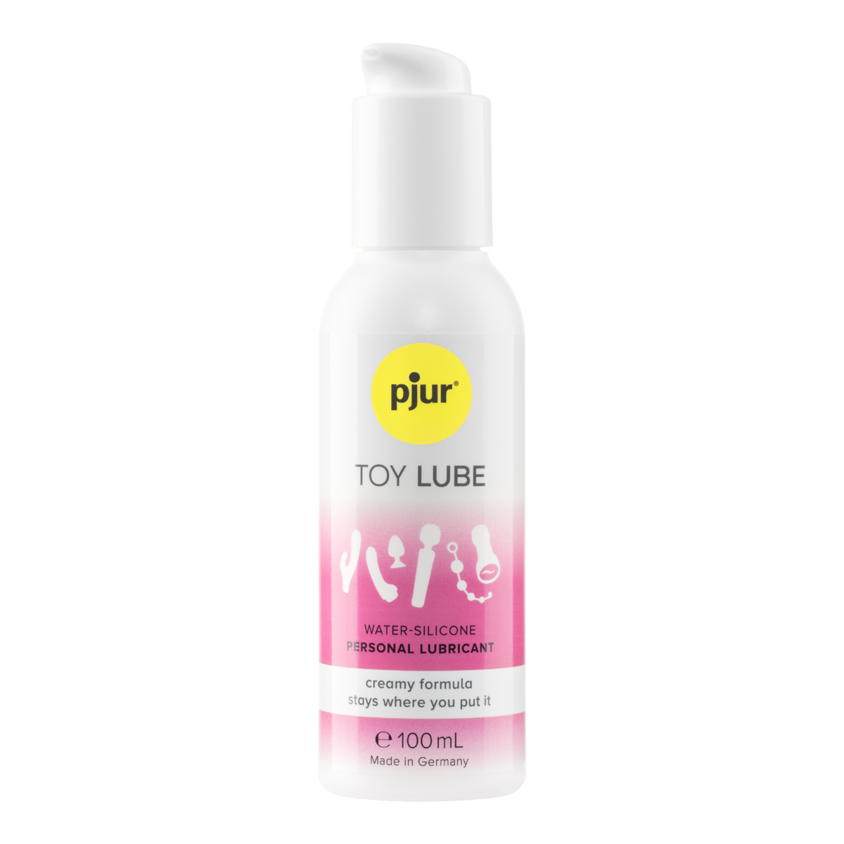 Front studio view of the 100 ml (3.38 fl oz) white pump bottle of Pjur Toy Lube water-silicone personal lubricant with pink branding. Imagen principal del producto