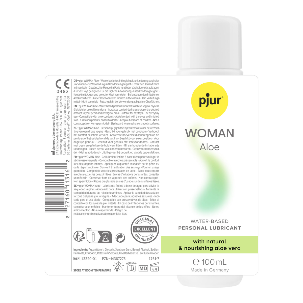 A close-up photo of the back label of a pjur WOMAN Aloe personal lubricant bottle, together with the front. 