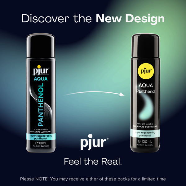 Two bottles of pjur Aqua Panthenol lubricant, showing the old and new packaging designs.