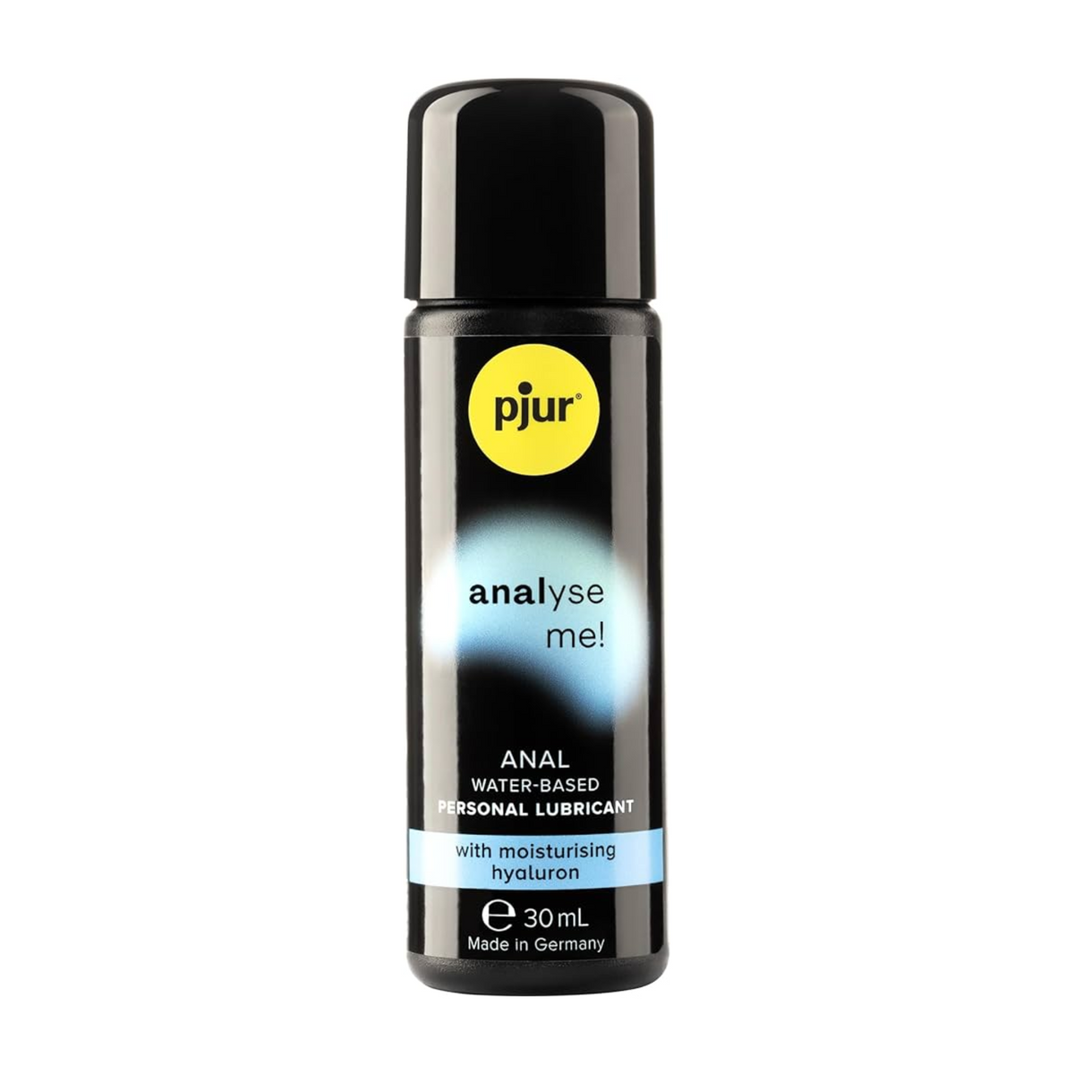 A black bottle of pjur analyse me! anal water-based personal lubricant 30ml with a yellow logo and teal accents on a white background. Imagen principal del producto