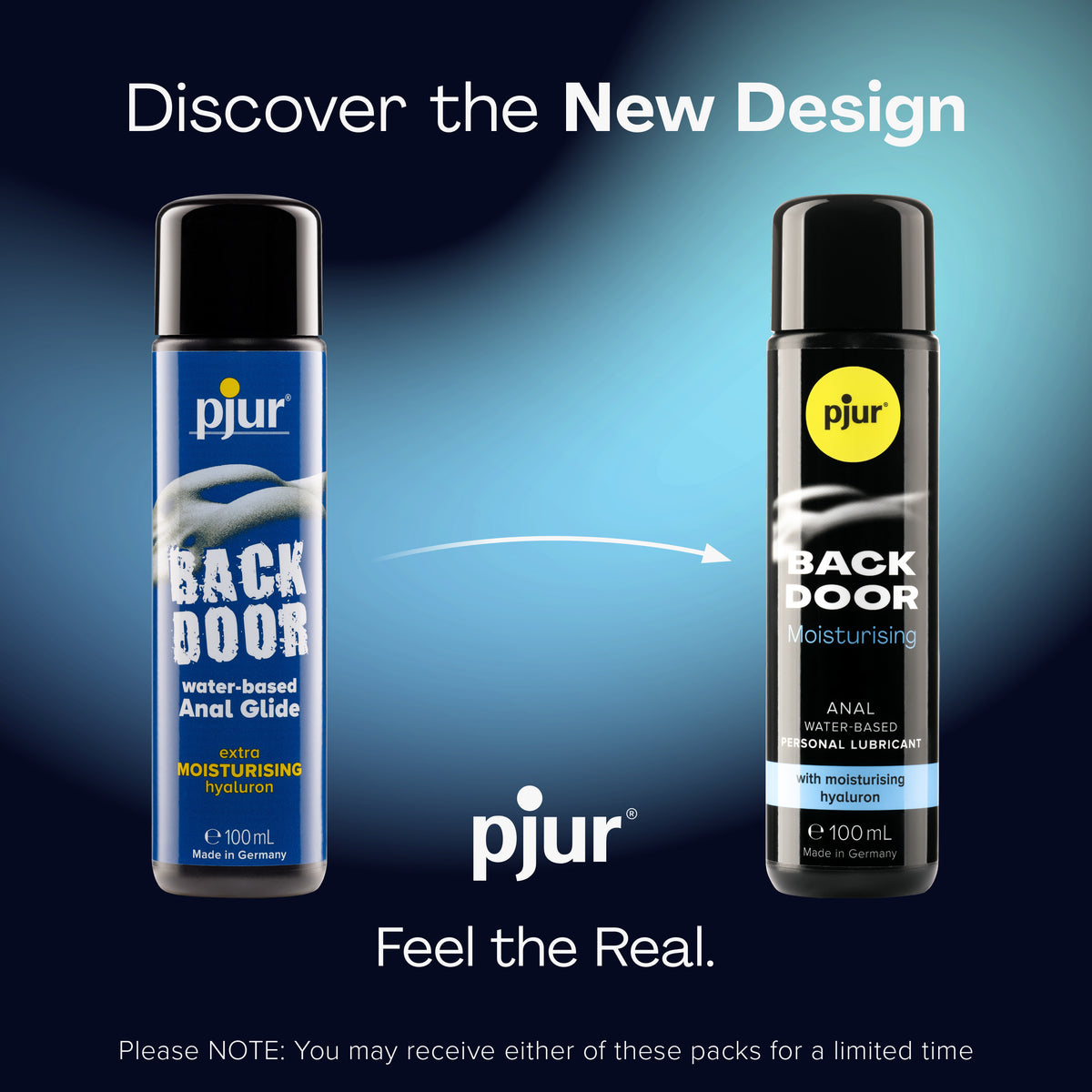 Two black bottles of pjur BACK DOOR anal lubricant are shown side-by-side, illustrating a design change with an arrow pointing from the older bottle on the left to the newer bottle on the right. 