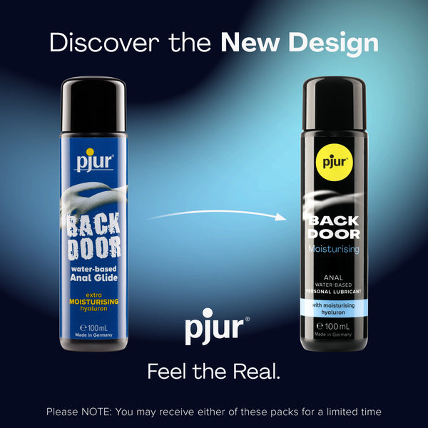 Two black bottles of pjur BACK DOOR anal lubricant are shown side-by-side, illustrating a design change with an arrow pointing from the older bottle on the left to the newer bottle on the right. 