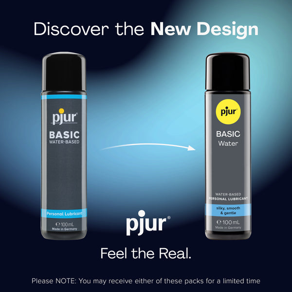 An ad compares the old and new packaging of Pjur Basic Water lubricant.